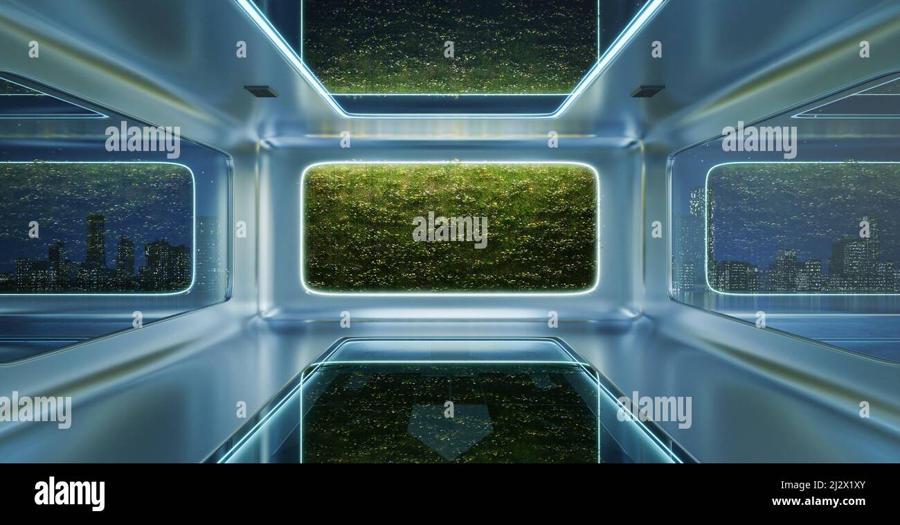 Modern futuristic interior office design with green wall plant. 3d ...