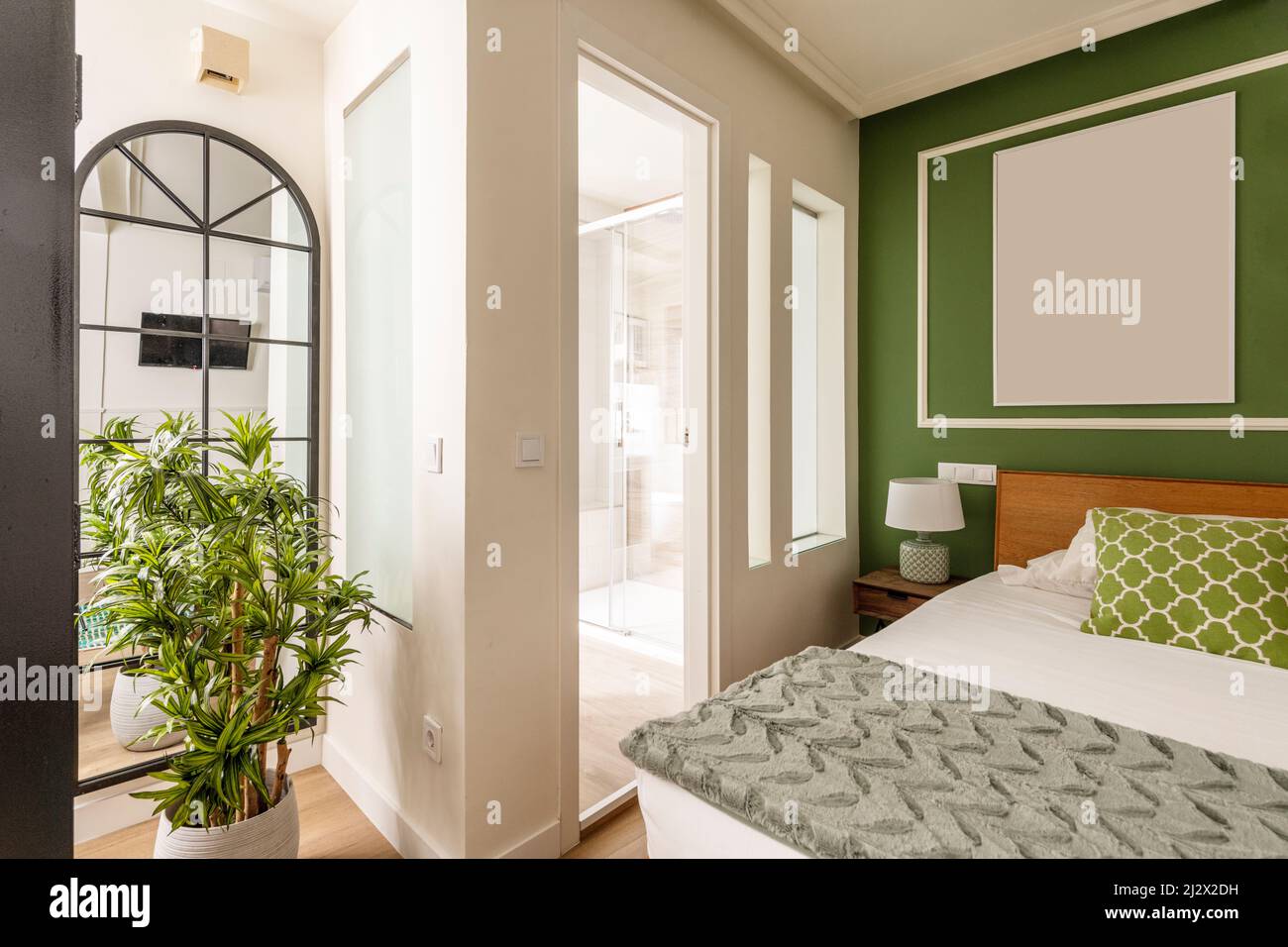 Room with king size bed and en-suite bathroom with glass partitions and decorative indoor plants Stock Photo