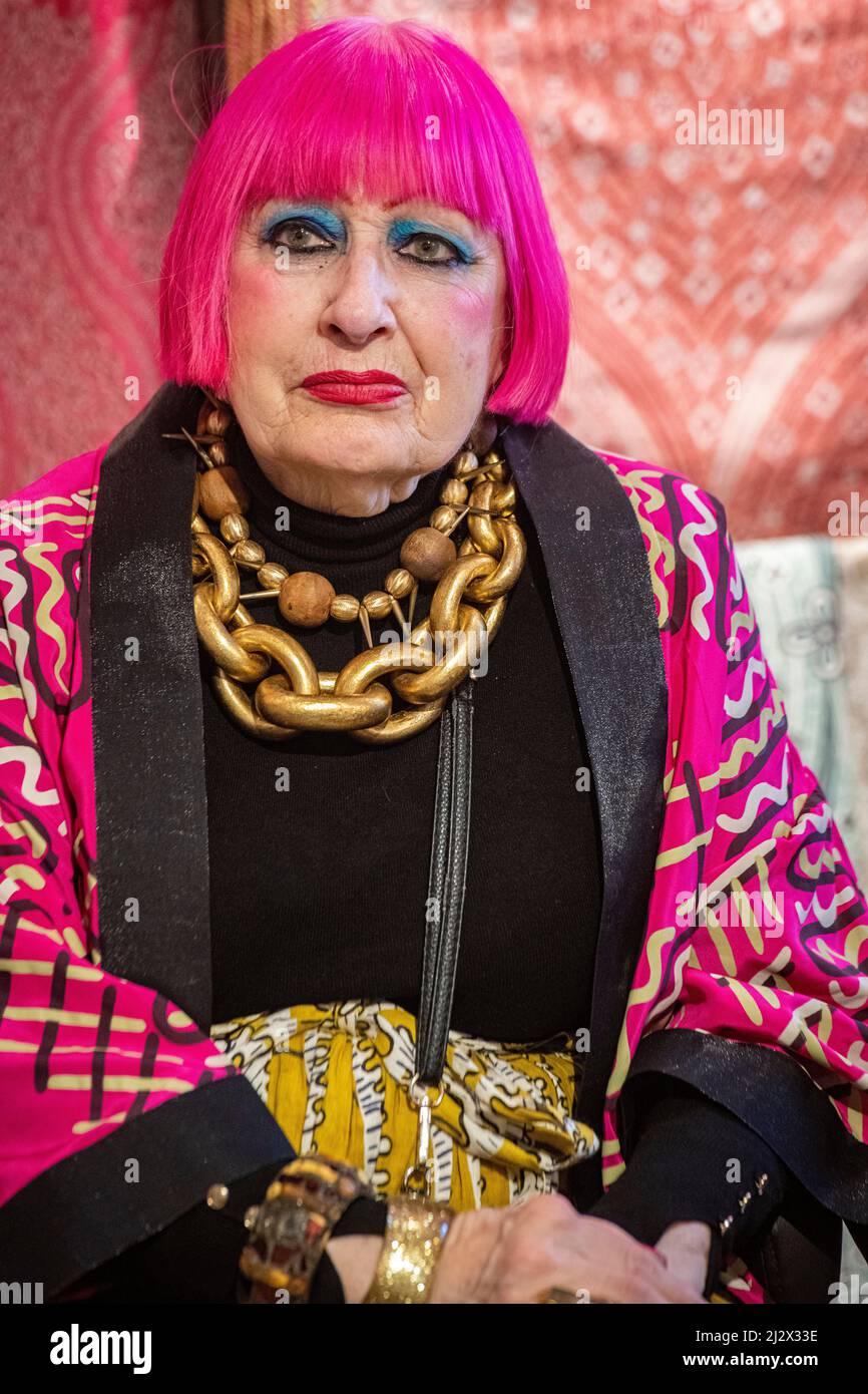 The wonderful designer Zandra Rhodes in convesration, animated and smiling Stock Photo