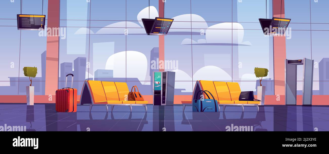 Airport waiting room, empty terminal interior with chairs, luggage