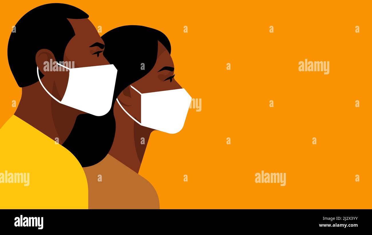 Black people wearing medical masks in public places. Vector