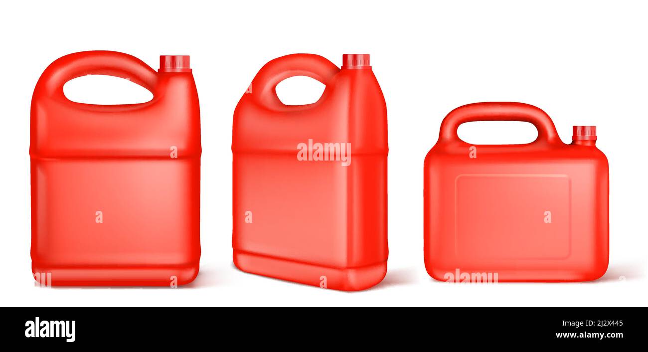 Red plastic canister for liquid fuel, chlorine, motor oil, car lubricant or detergent. Vector realistic mockup of gallon bottle with cap and handle, b Stock Vector