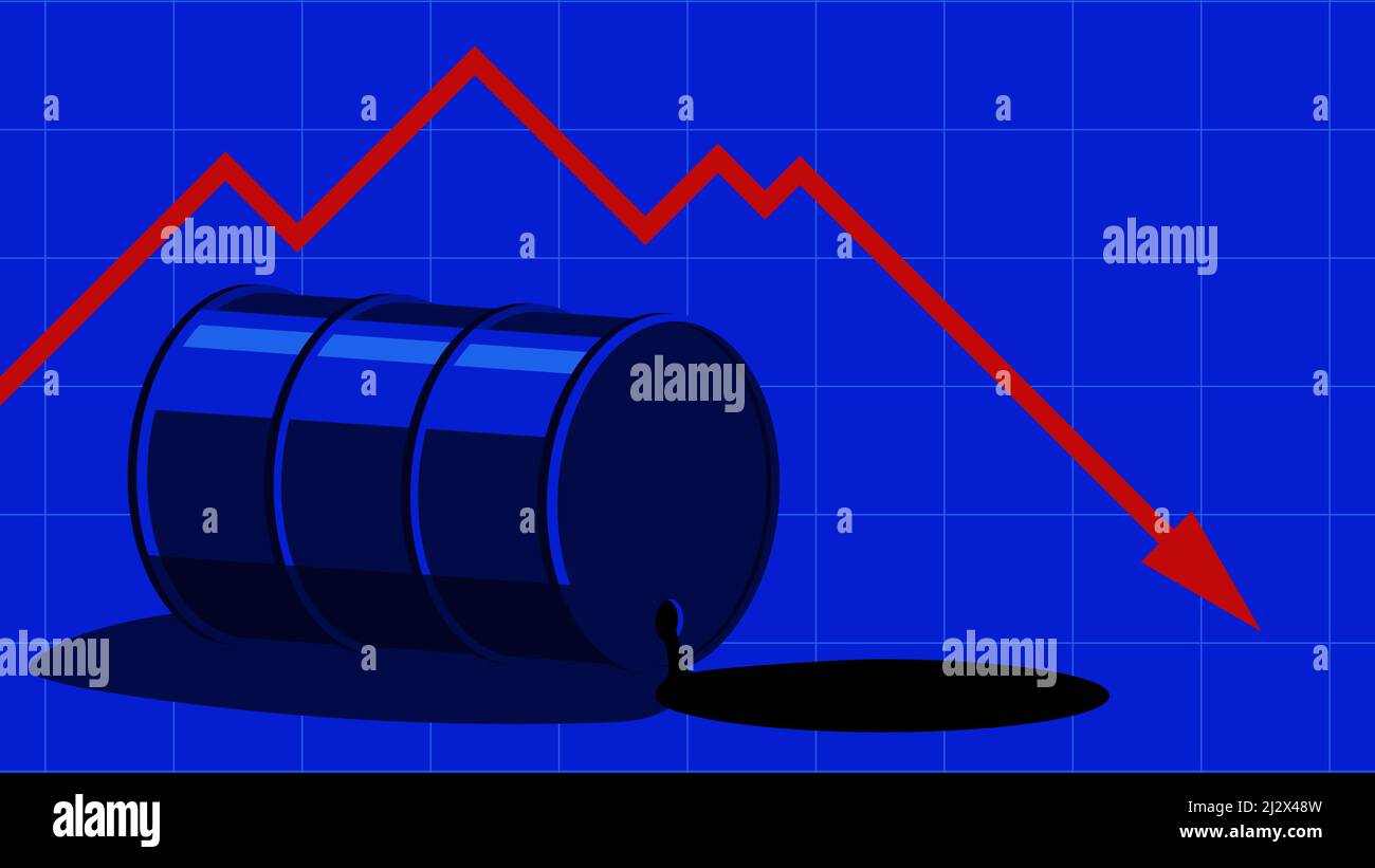 The fall in the price of oil. Barrel of oil and red fall graph. The