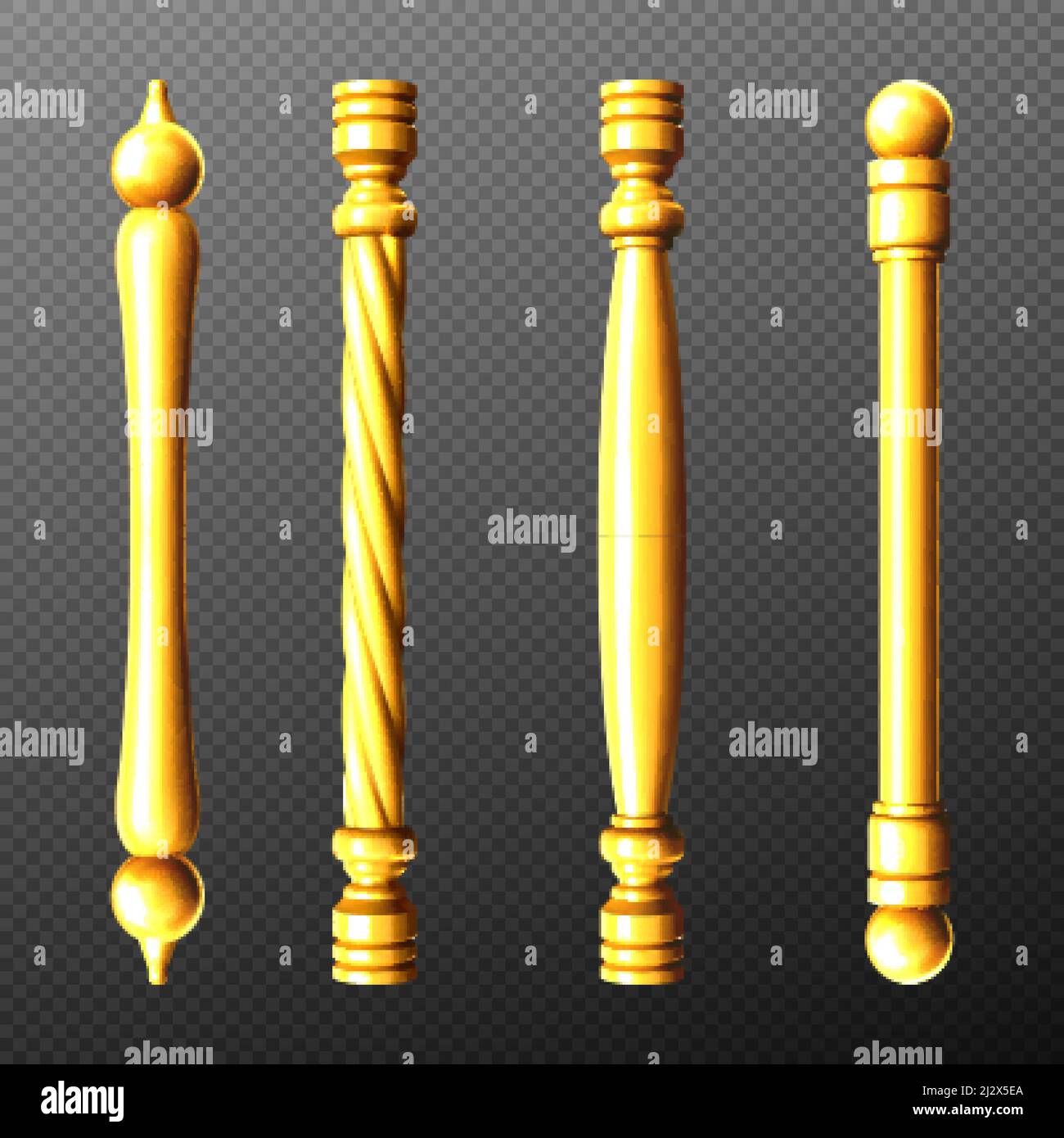 Gold door handles, column and twisted knobs bar shapes isolated on transparent background. Golden doorknob elements for interior design, yellow metal Stock Vector