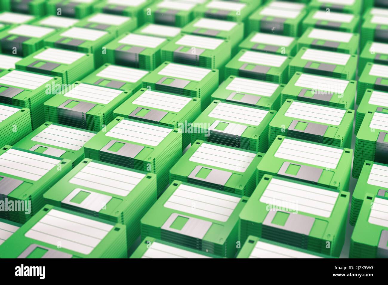Lots of brand new green Floppy Discs.  3D Rendering Stock Photo