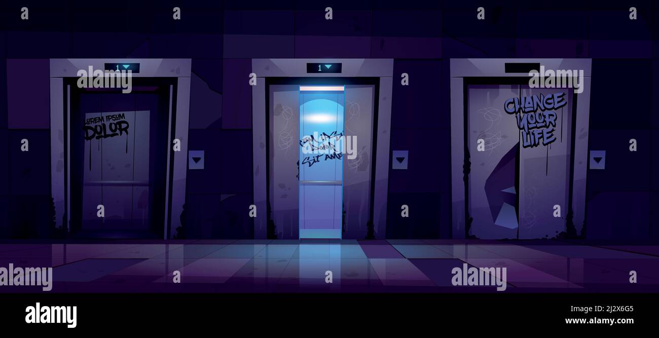 Old dirty hallway with open and closed elevator doors at night. Vector cartoon illustration of empty dark lobby with broken lifts and graffiti on wall Stock Vector