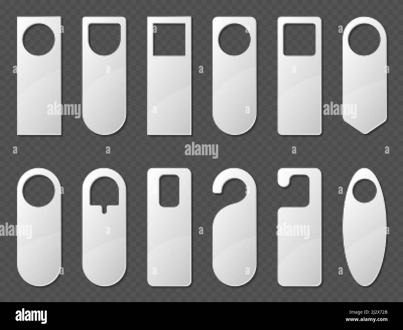 Door hangers mockup set. Blank paper or plastic empty labels of various shapes for hotel doorknob room, dont disturb signs, messages on entrance knobs Stock Vector