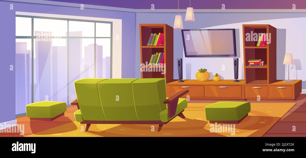Living room interior with sofa and tv back view, bookshelves and