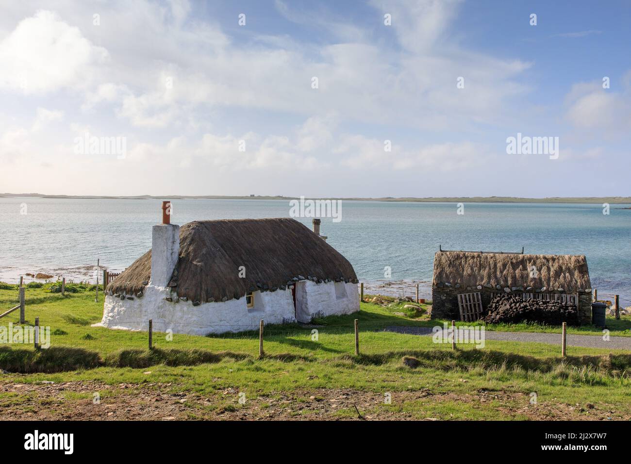 restored thatched cottage, North Uist, Outer Hebrides, Scotland UK