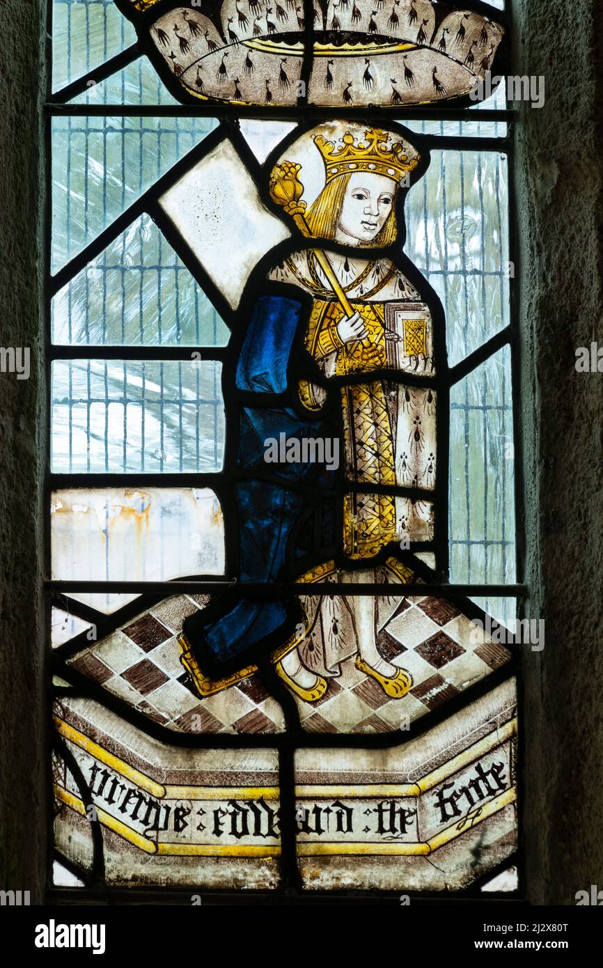 Incredibly rare medieval stained glass window depicting the deposed King Edward V, one of the two Princes in the Tower believed murdered by Richard II Stock Photo