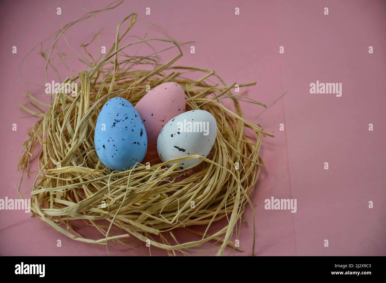 Three Easter eggs in straw on a pink background Stock Photo