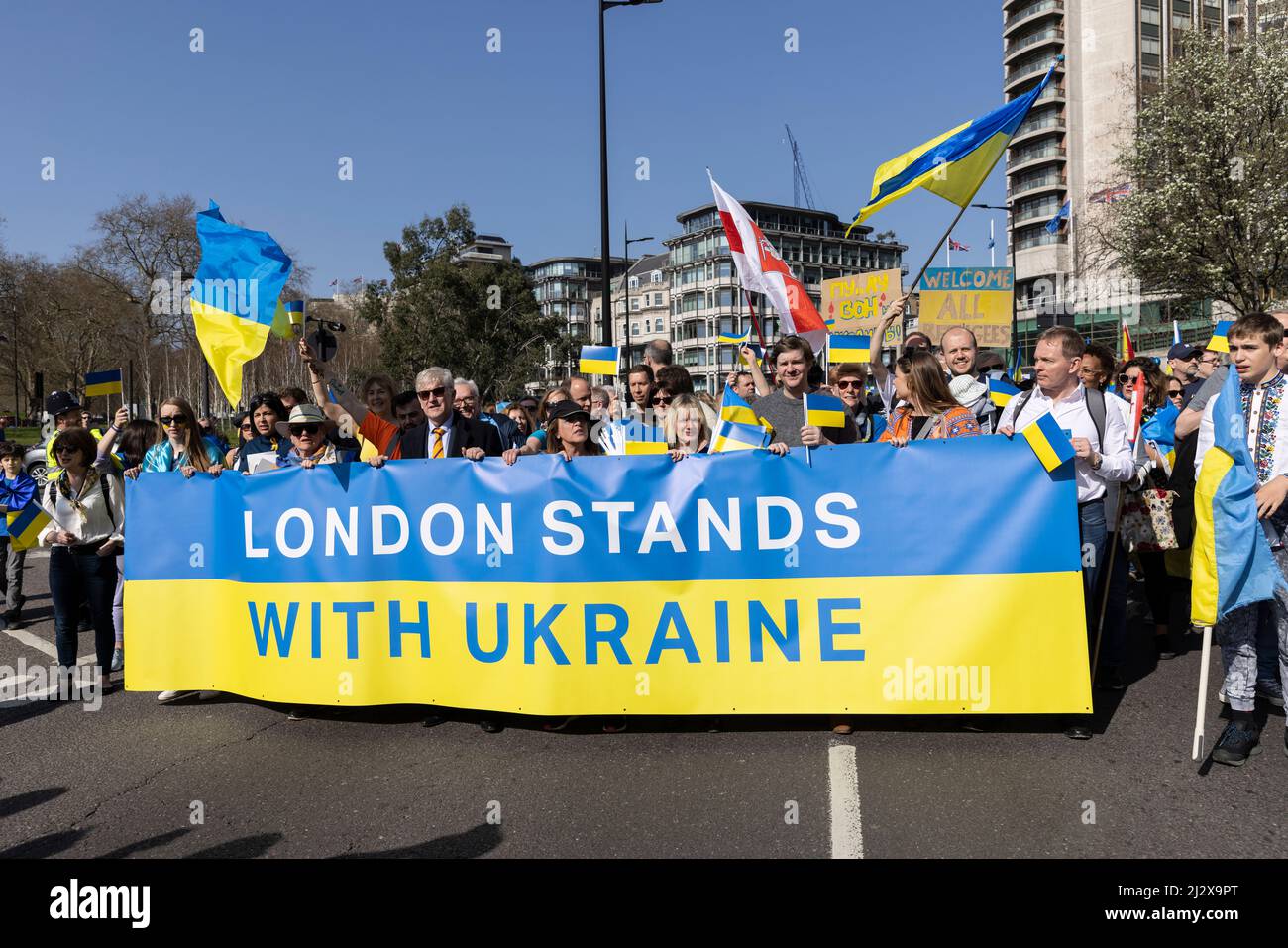 Sadiq Khan, London Mayor joins the Ukrainian people in the London For Ukraine Protest March, Park Lane to Leicester Square, London, UK Stock Photo