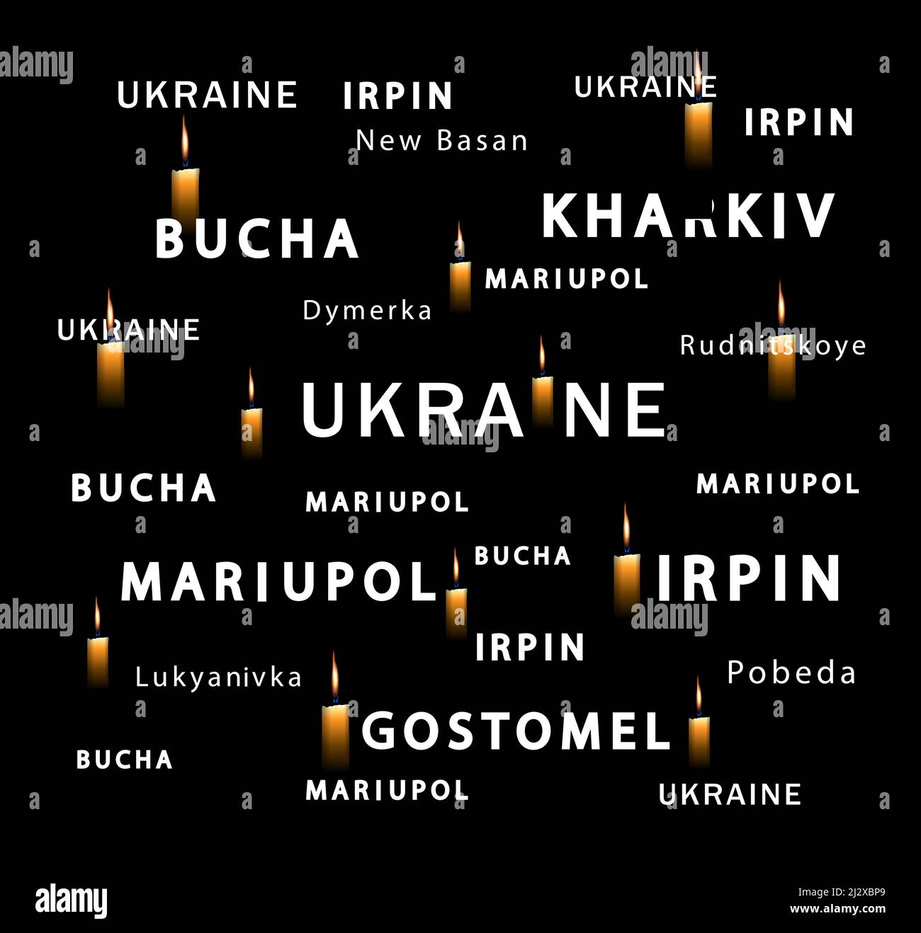 Liberated cities of the Kiev region. War in Ukraine 2022. Poster of mourning for the dead. Kharkiv, Mariupol, Bucha, Gostomel Stock Vector