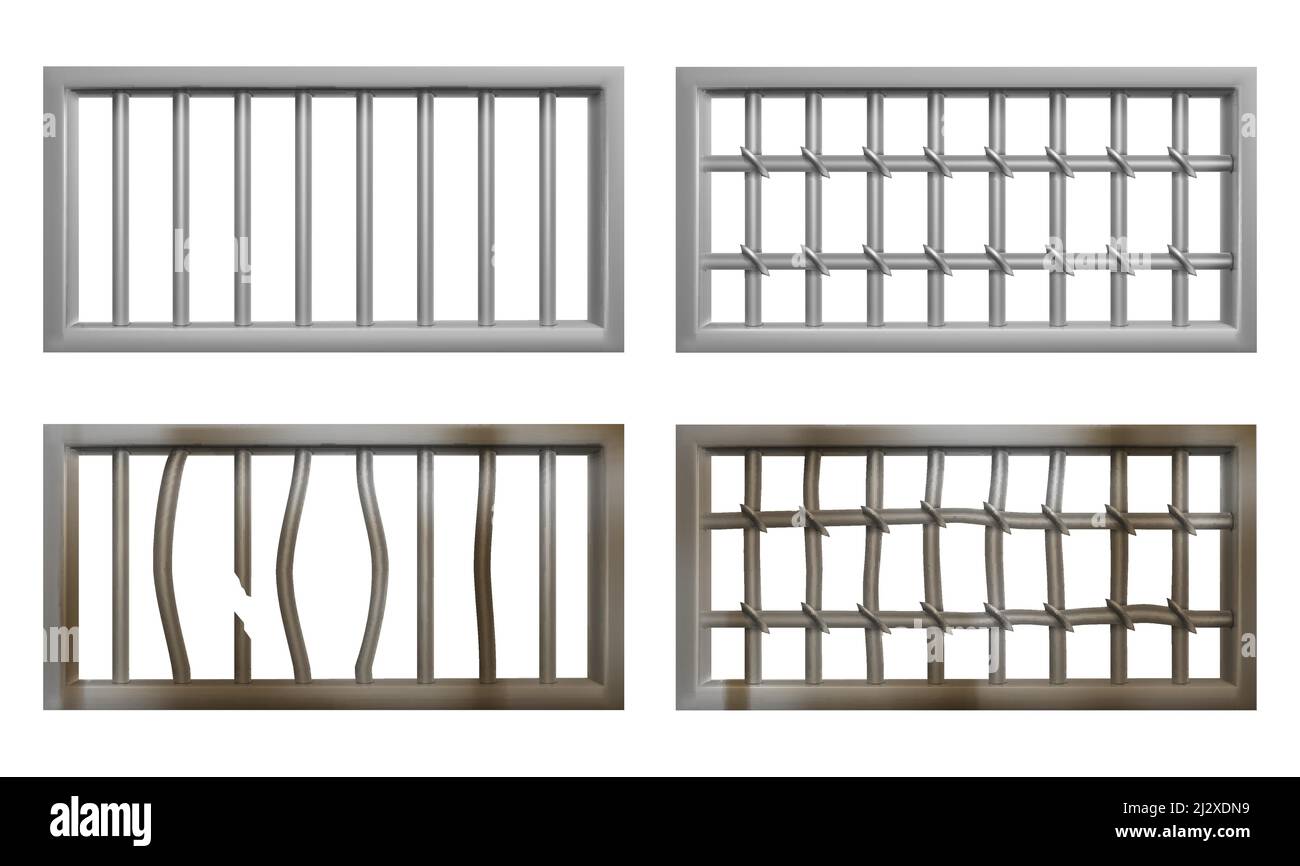 Prison window with metal bars and grate. Vector realistic set of window grid of steel rods in jail cage. Old rusty and broken grilles for prison cell Stock Vector