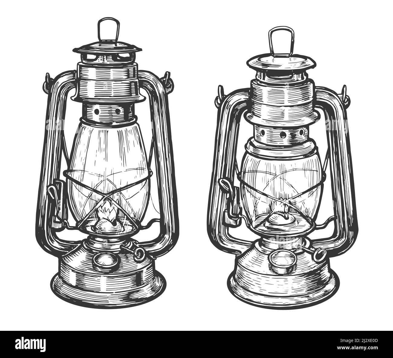 Kerosene lamp sketch vector. Oil lantern drawn in vintage engraving style Stock Vector