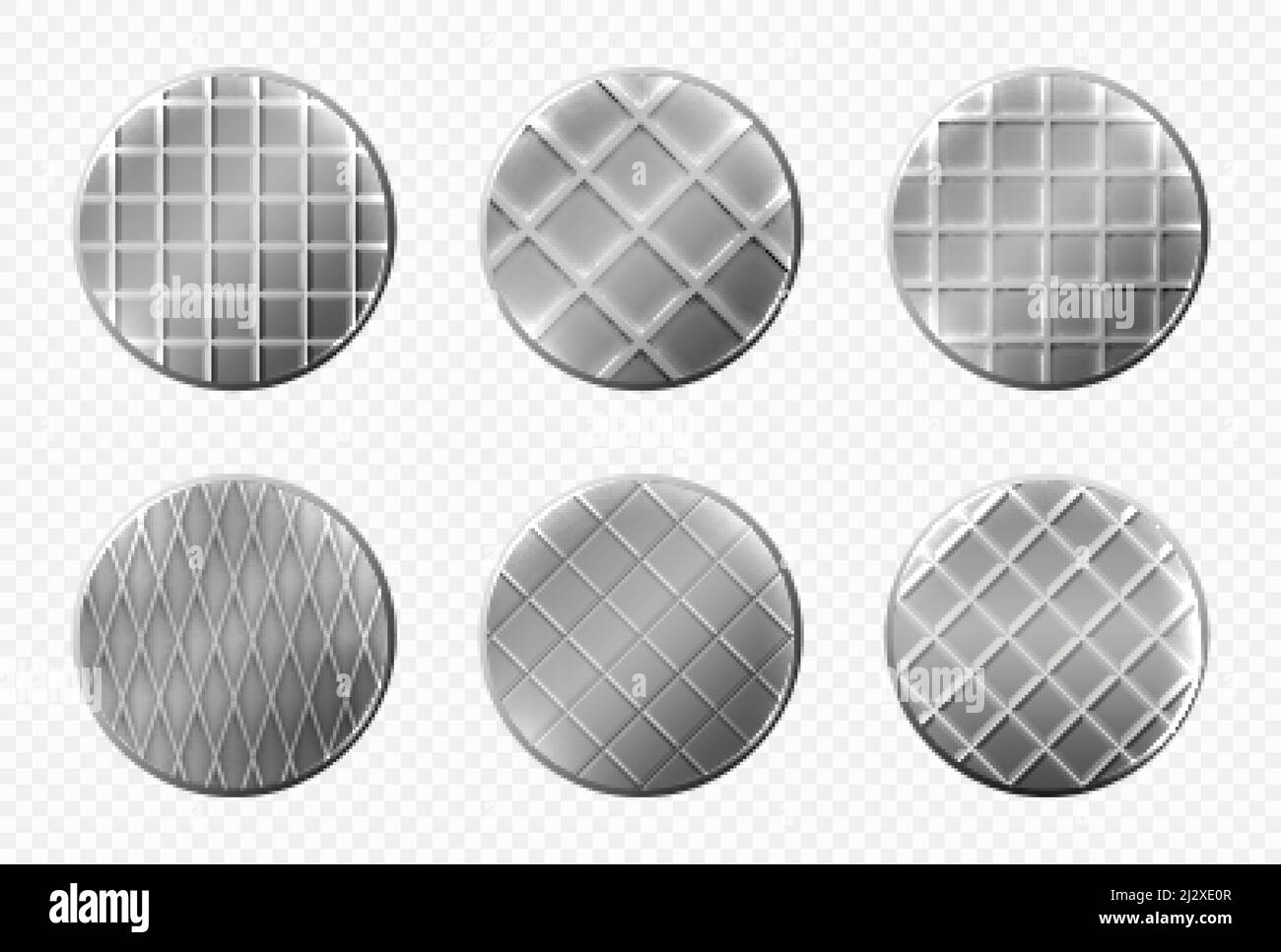 Nails heads top view, steel metal pins with checkered ornament, spikes hardware grey caps with grooves, new hobnails isolated on transparent backgroun Stock Vector