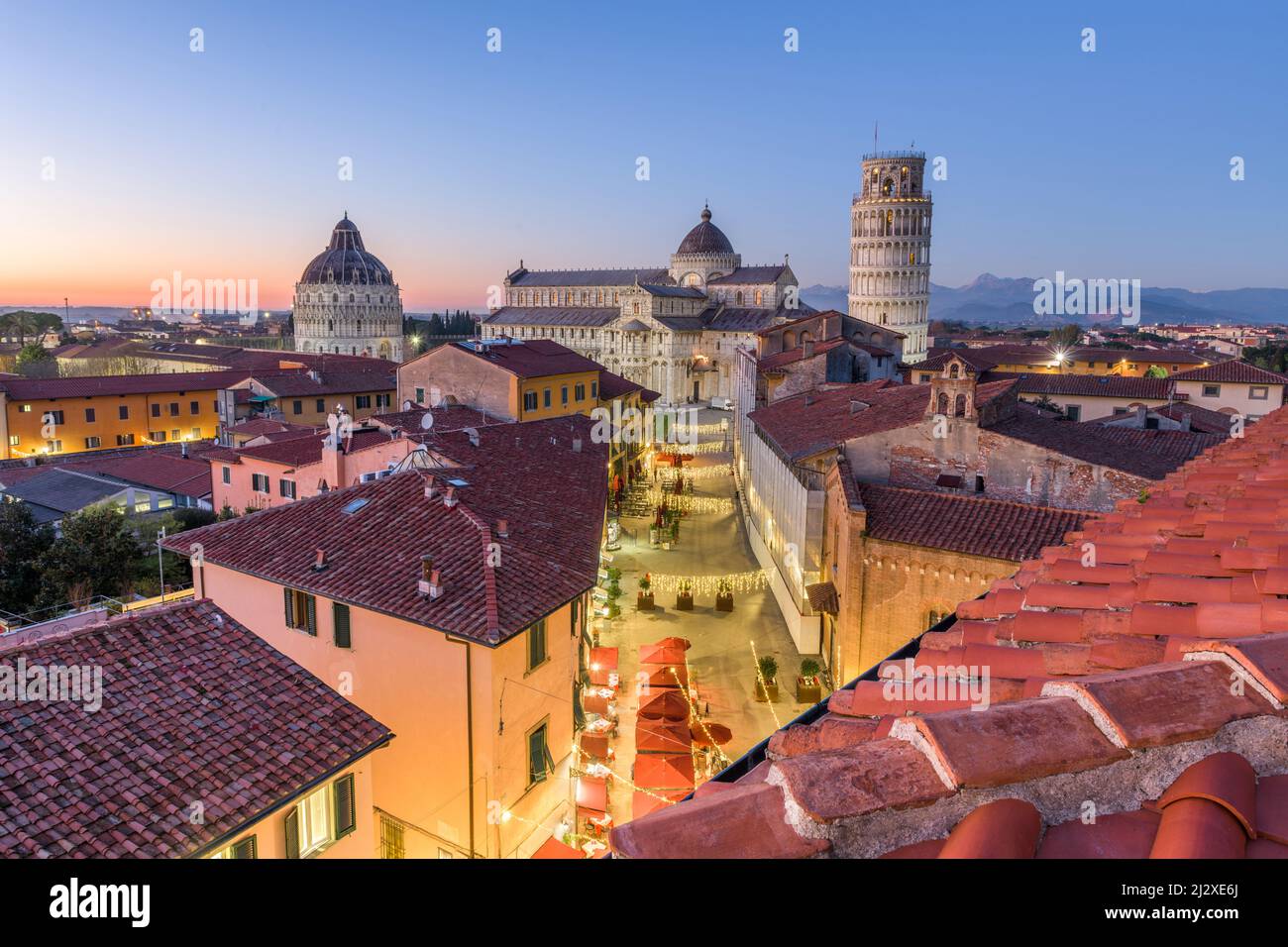 Pisa, Italy with the Duomo and Leaning Tower at dusk. Stock Photo