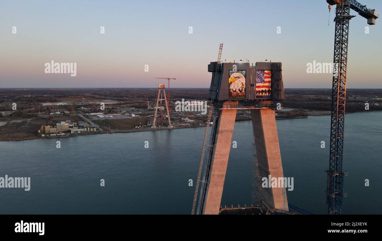 Building the Gordie Howe international bridge over the Detroit River Stock Photo