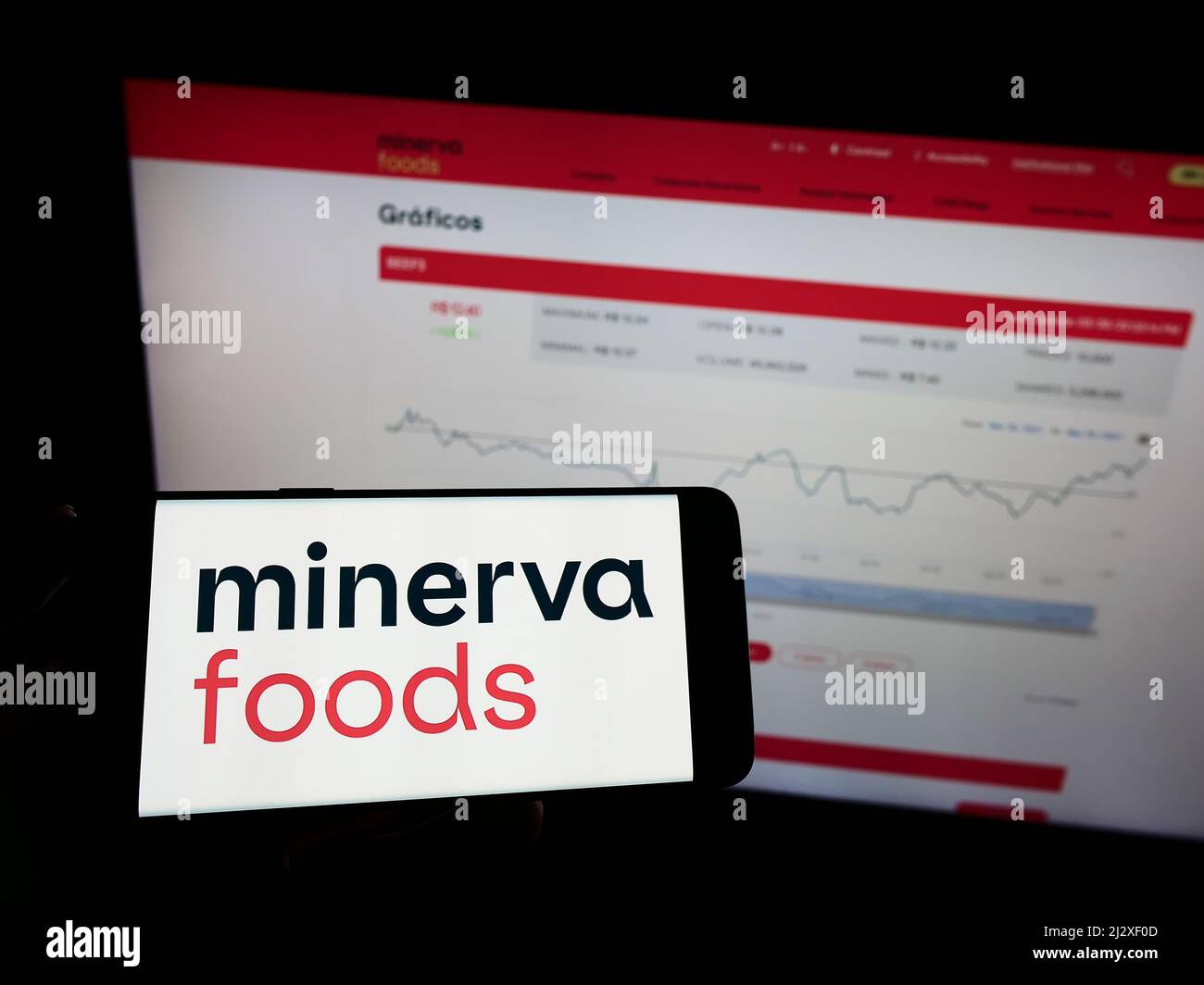 Person holding mobile phone with logo of Brazilian foods company Minerva SA on screen in front of business web page. Focus on phone display. Stock Photo