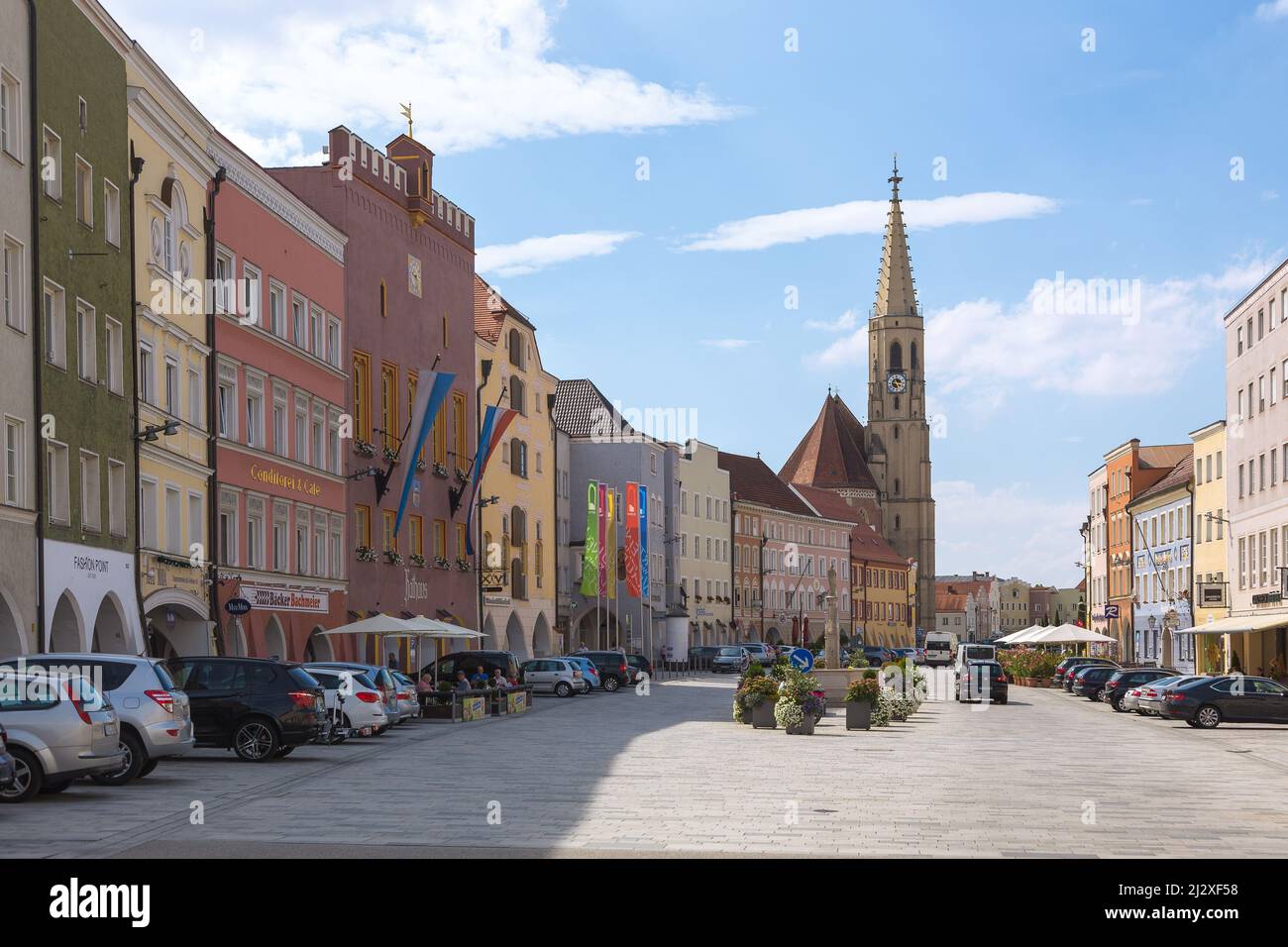 Neuötting, Ludwigstrasse with the Church of St. Nicholas Stock Photo