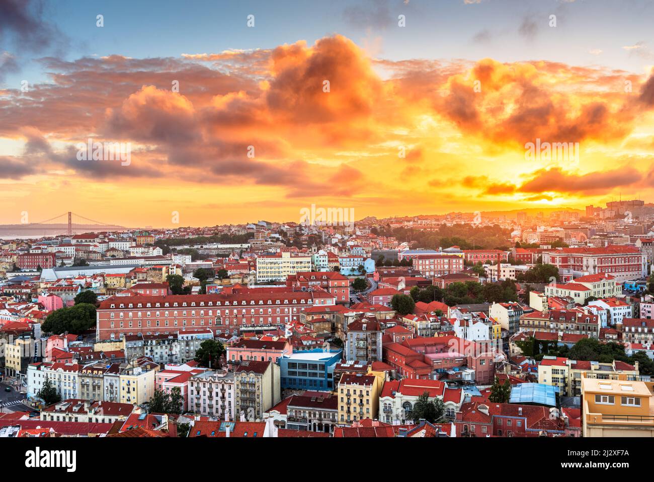 Lisbon, Portugal downtown skyline towards the river at dusk. Stock Photo