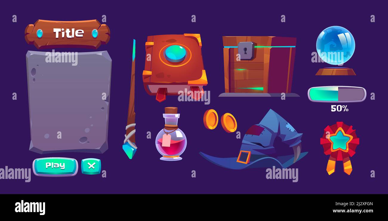 Magic game interface with book of spell, magic wand and bottle with
