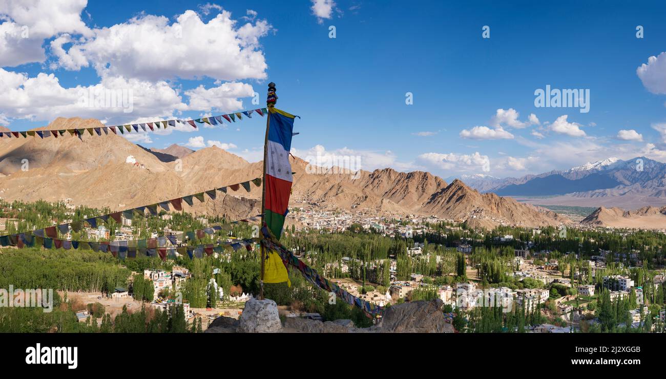 Panorama over Leh and towards the Namgyal Tsemo Gompa Monastery on Tsenmo Hill, a viewpoint over Leh, Ladakh, Jammu and Kashmir, India, Asia Stock Photo