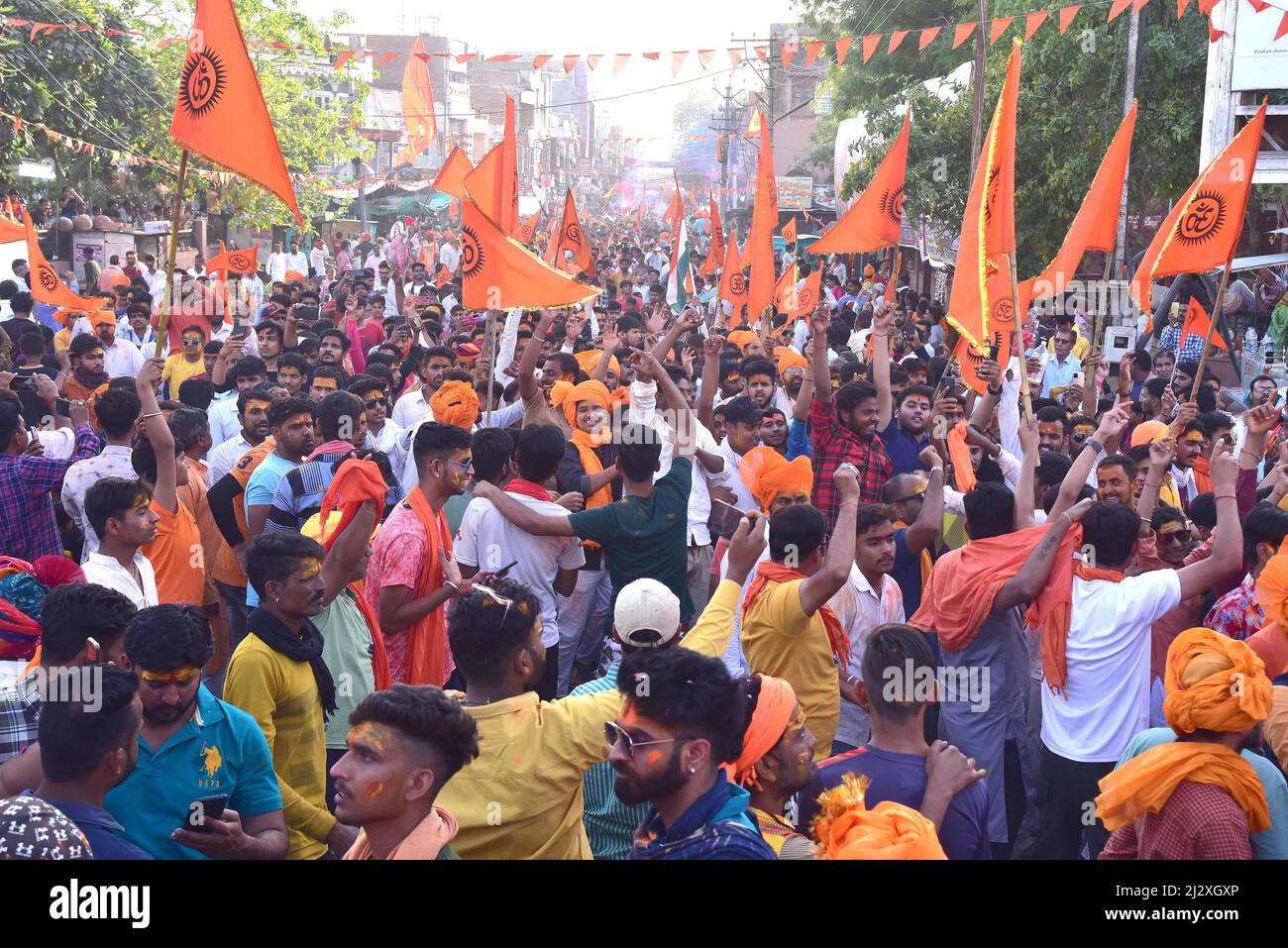 Bikaner, Rajasthan, India. 2nd Apr, 2022. Hindu Jagran Manch activists taking part in Maha Aarti on the occasion of Hindu New Year (Vikram Samvat 2079) in Bikaner. (Credit Image: © Dinesh Gupta/Pacific Press via ZUMA Press Wire) Stock Photo