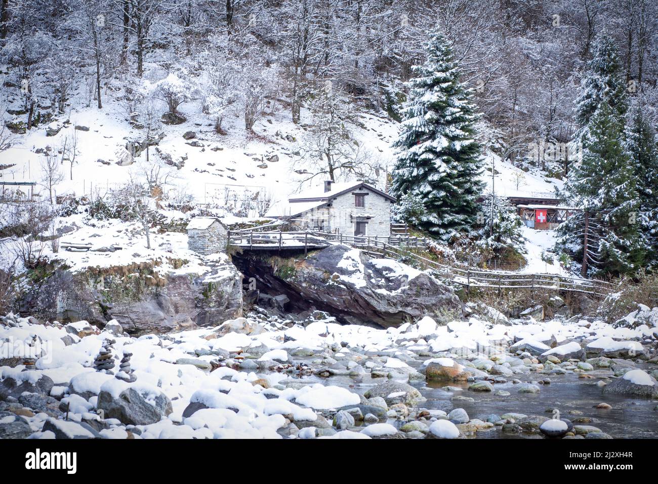 Dreamlike winter landscape in Val Verzasca, Brione, Ticino, Switzerland, Europe Stock Photo