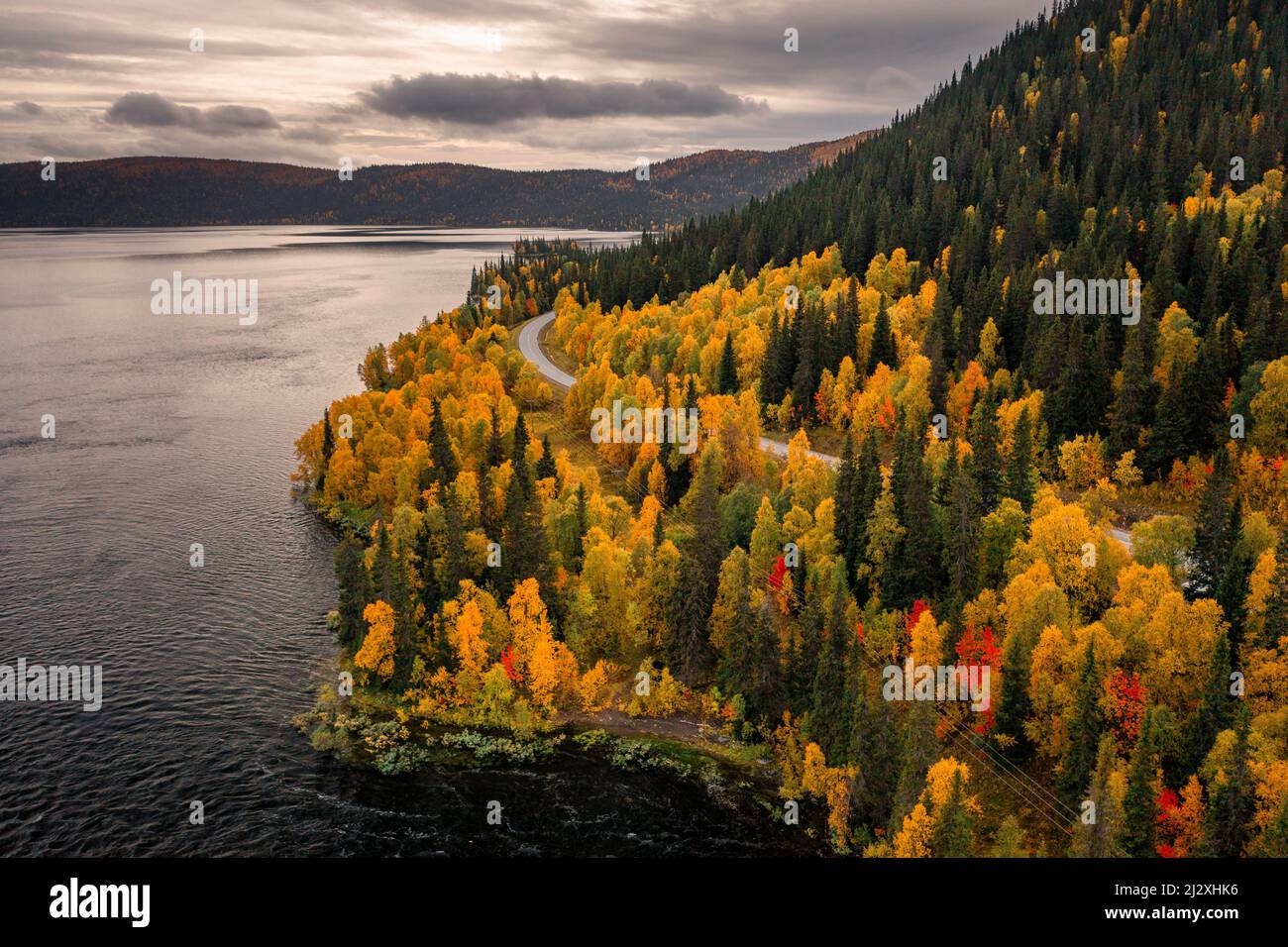 Landscape with mountains, lake and trees in autumn in Jämtland in Sweden from above Stock Photo