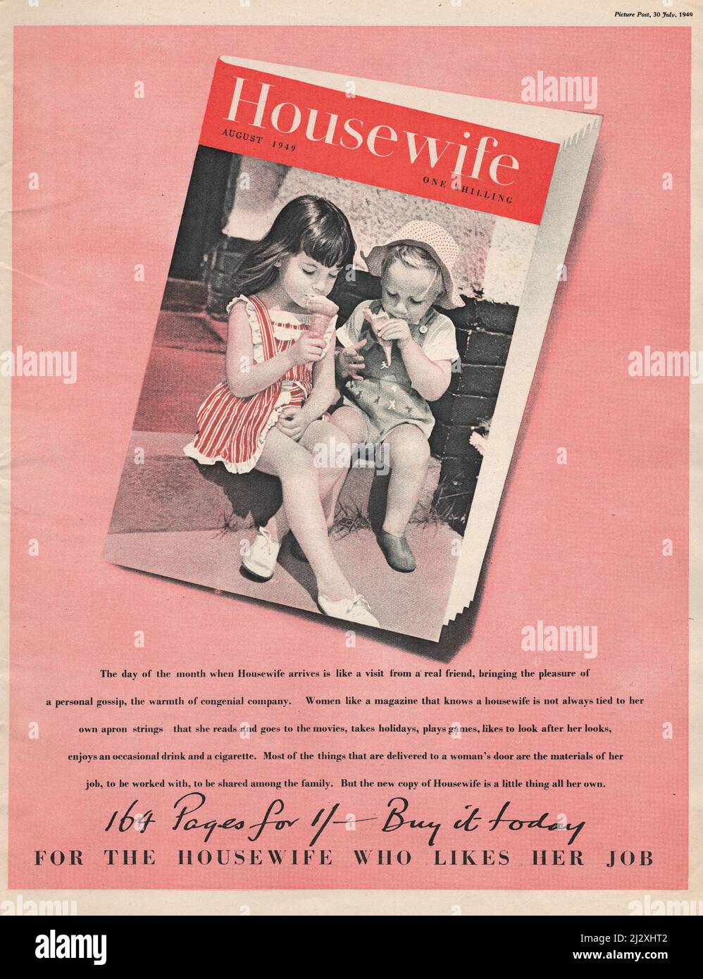 Vintage paper advertisement advert ad of Housewfie magazine   1940s 40 english picture post two children eating ice cream on the steps vintage photo Stock Photo