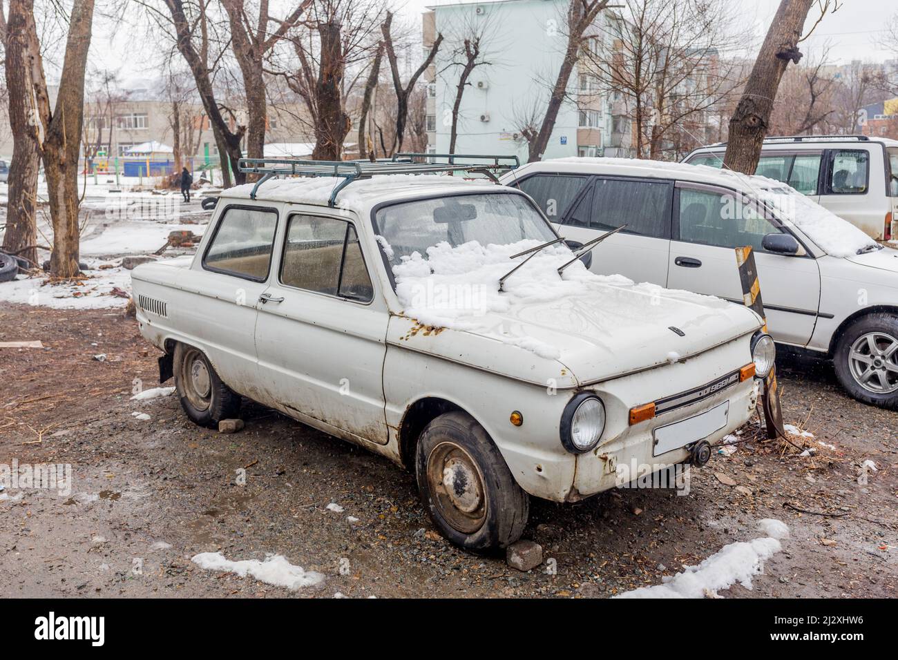 Russia, Vladivostok, March 21, 2022. Old car ZAZ-968M, produced by Ukrainian ZAZ (Zaporizhzhia Automobile Building Plant). Old cars and their fate. Li Stock Photo
