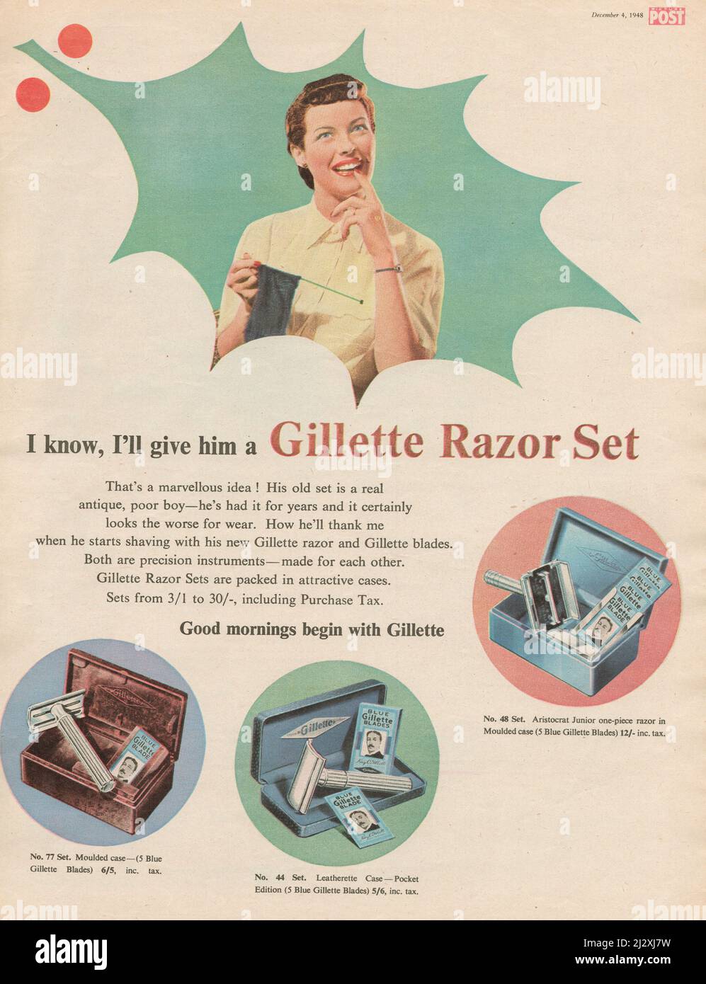 Vintage paper advertisement advert ad of Gillette Razor Set Gilette blades vintage photo woman knitting and smiling Stock Photo