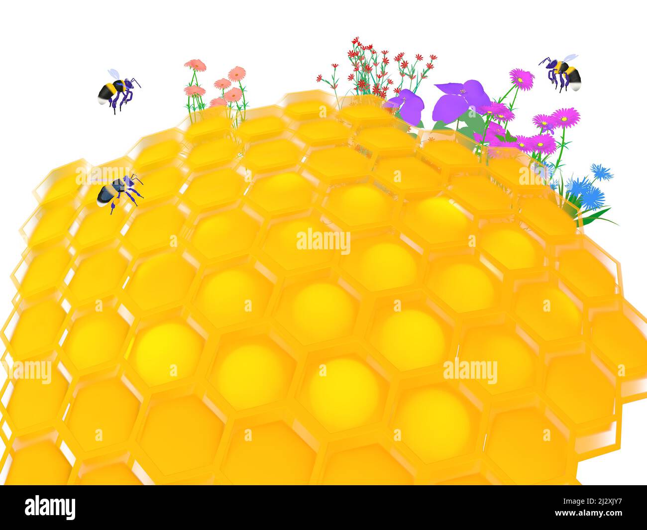 3d illustration of a brightly colored honeycomb. With flowers and bees ...