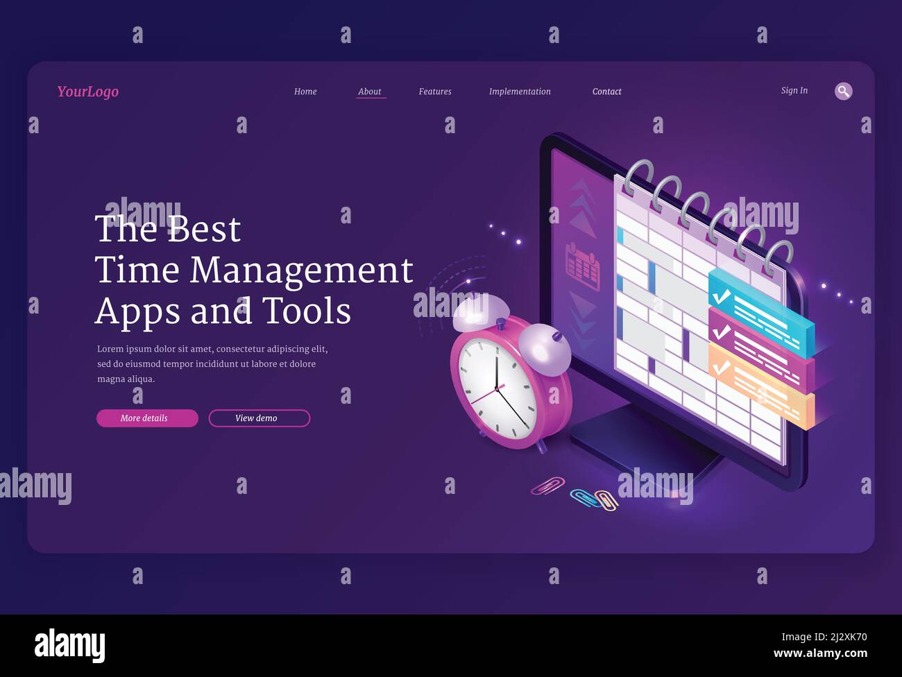Time management apps and tools isometric landing page, computer desktop  with planner or calendar on screen and alarm clock, pc software for work  organization, planning and control 3d vector web banner Stock Vector Image  & Art - Alamy