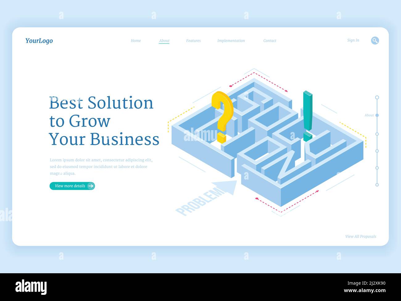 Best solutions for business grow isometric landing page with maze and question or exclamation marks inside, labyrinth challenge, aim achievement strat Stock Vector