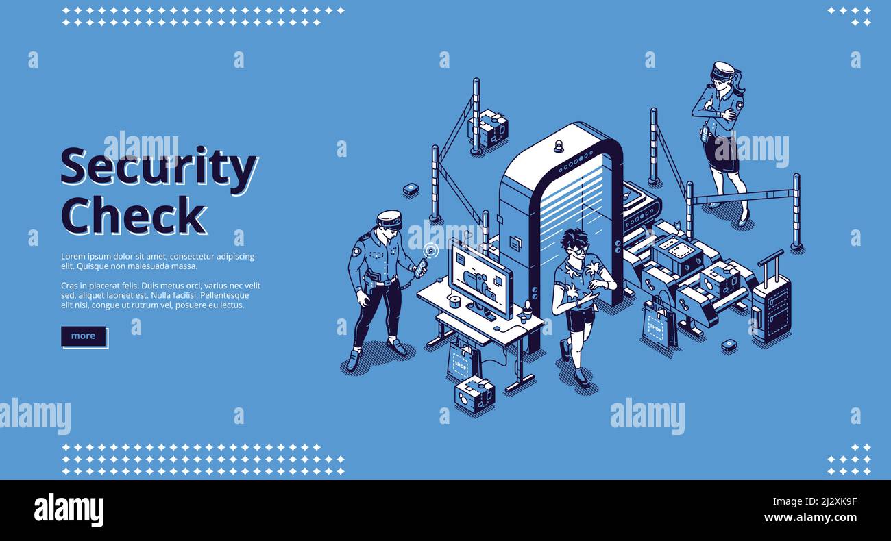 Security check banner. Police control safety in airport terminal before
