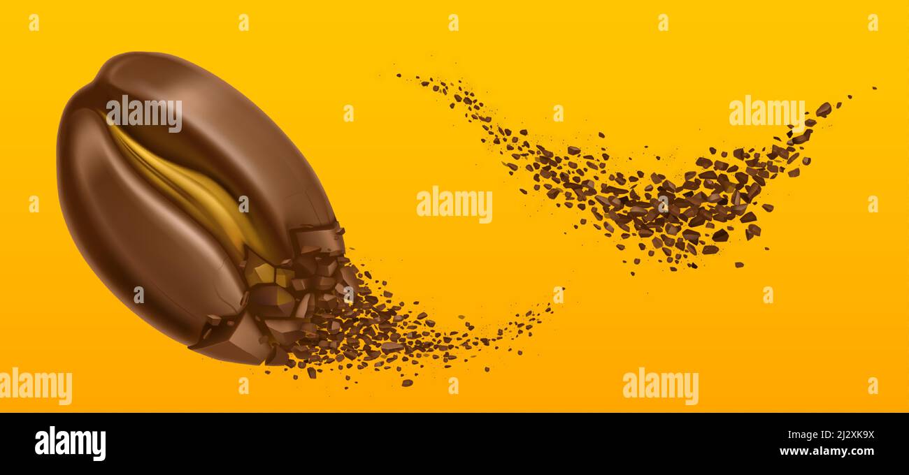 Explosion of coffee bean and ground arabica grains. Vector realistic illustration of shredded roasted coffee, burst of arabica bean and splash of brow Stock Vector