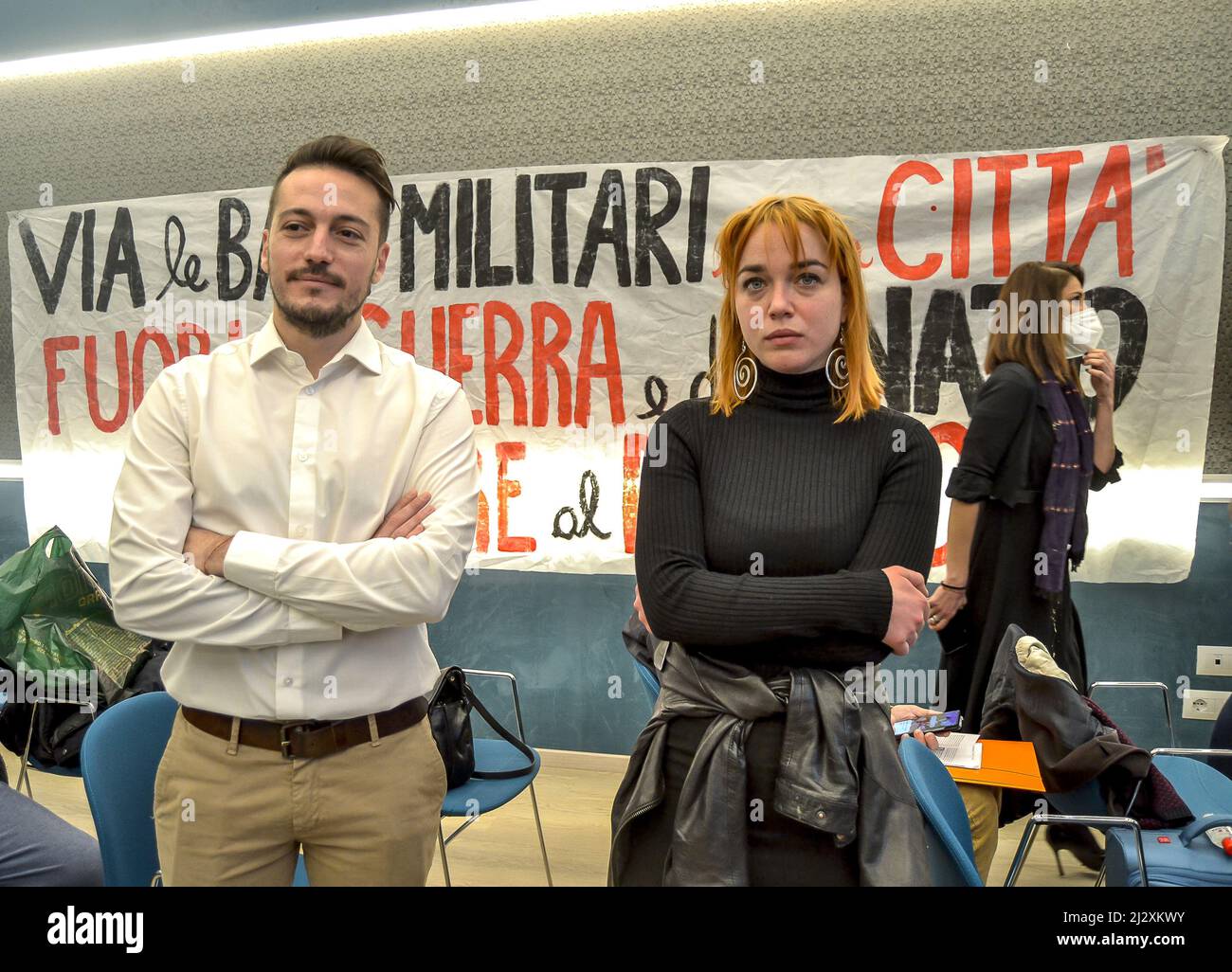 Rome, Italy. 3rd Apr, 2022. Assembly in Rome attended by representatives of those forces that, in Europe, are fighting against war and peace, to avoid an escalation. Promoters: Dema (democracy and autonomy), ManifestA, Power to the People, Communist Refoundation Party. Giuliano Granato and Marta Collot, spokesperson for Power to the People (Credit Image: © Patrizia Cortellessa/Pacific Press via ZUMA Press Wire) Stock Photo