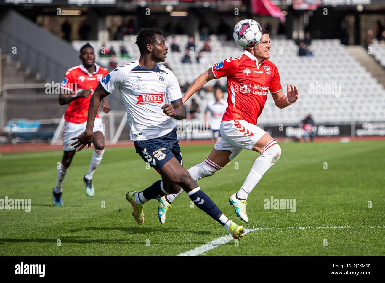 Aarhus, Denmark. 03rd, April 2022. Mustapha Bundu (7) of AGF seen during the 3F Superliga match between Aarhus GF and Vejle Boldklub at Ceres Park in Aarhus. (Photo credit: Gonzales Photo - Morten Kjaer). Stock Photo