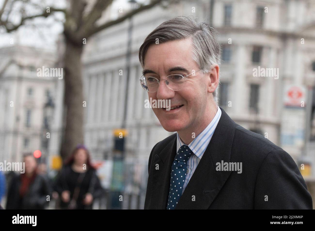 UK Minister of State for Brexit Opportunities and Government Efficiency Jacob Rees-Mogg appears outside cabinet office for weekly cabinet meetings. Stock Photo