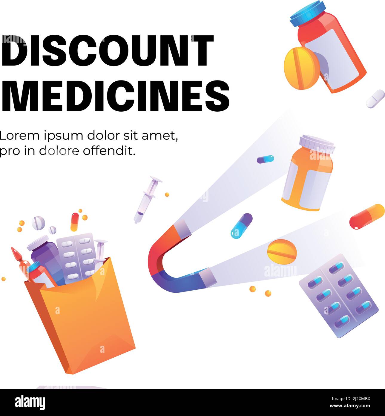 Discount medicines cartoon poster with magnet attract drugs, syringe and medical pills in bottles, ampoule and blisters. Price off promotion, health c Stock Vector