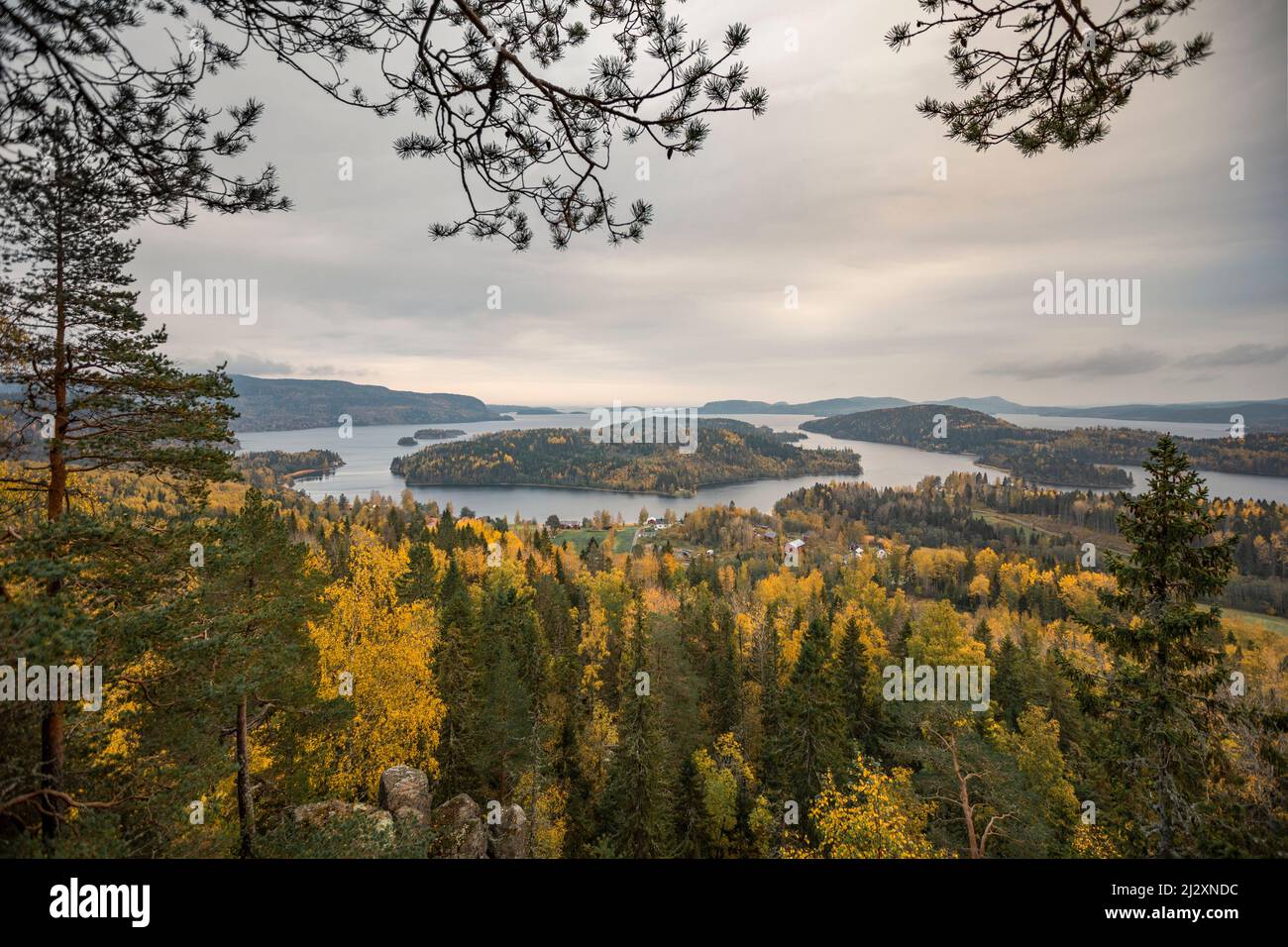 Landscape panorama with islands of Höga Kusten at the lookout point Rödklitten in the east of Sweden in autumn Stock Photo