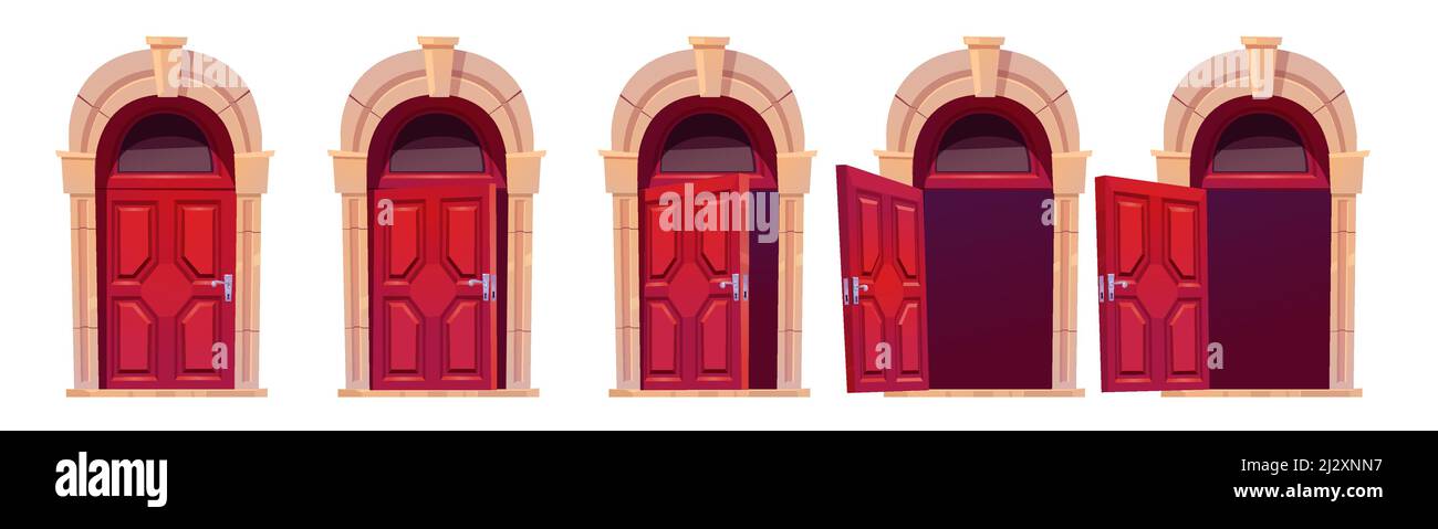 Cartoon door opening motion sequence animation. Close, slightly ajar ...