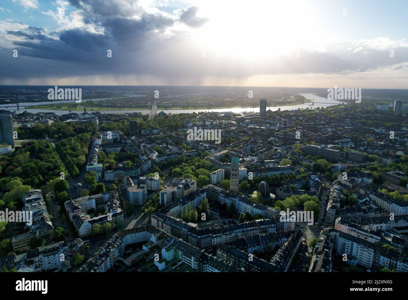 An aerial view of Dusseldorf in Germany under a cloudy sky Stock Photo