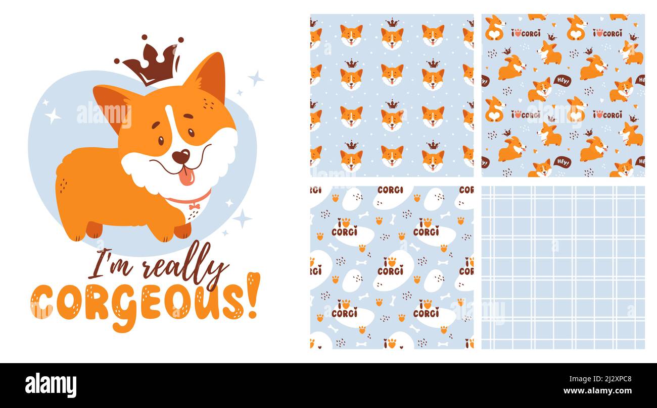 Corgi collection - seamless patterns and isolated illustration. Vector set with cute welsh corgi puppies. Funny and adorable dog character. Stock Vector