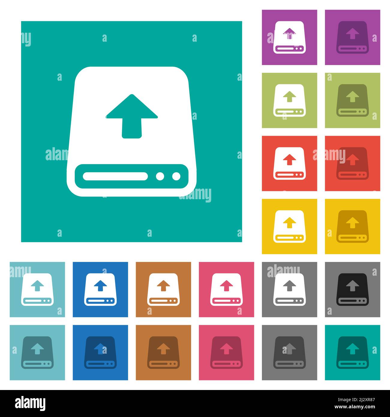Upload from hard disk multi colored flat icons on plain square backgrounds. Included white and darker icon variations for hover or active effects. Stock Vector