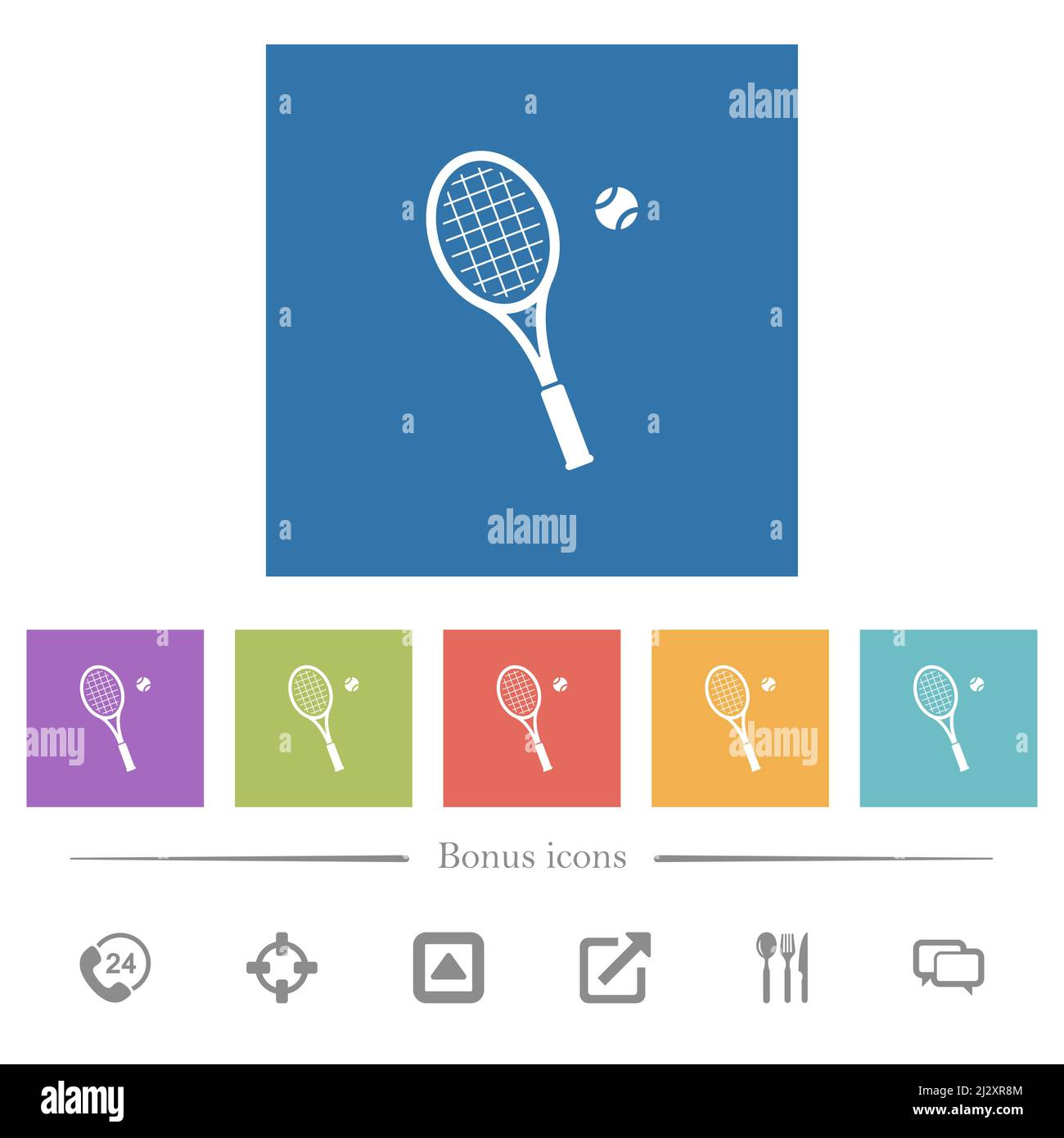 Tennis racket with ball flat white icons in square backgrounds. 6 bonus ...