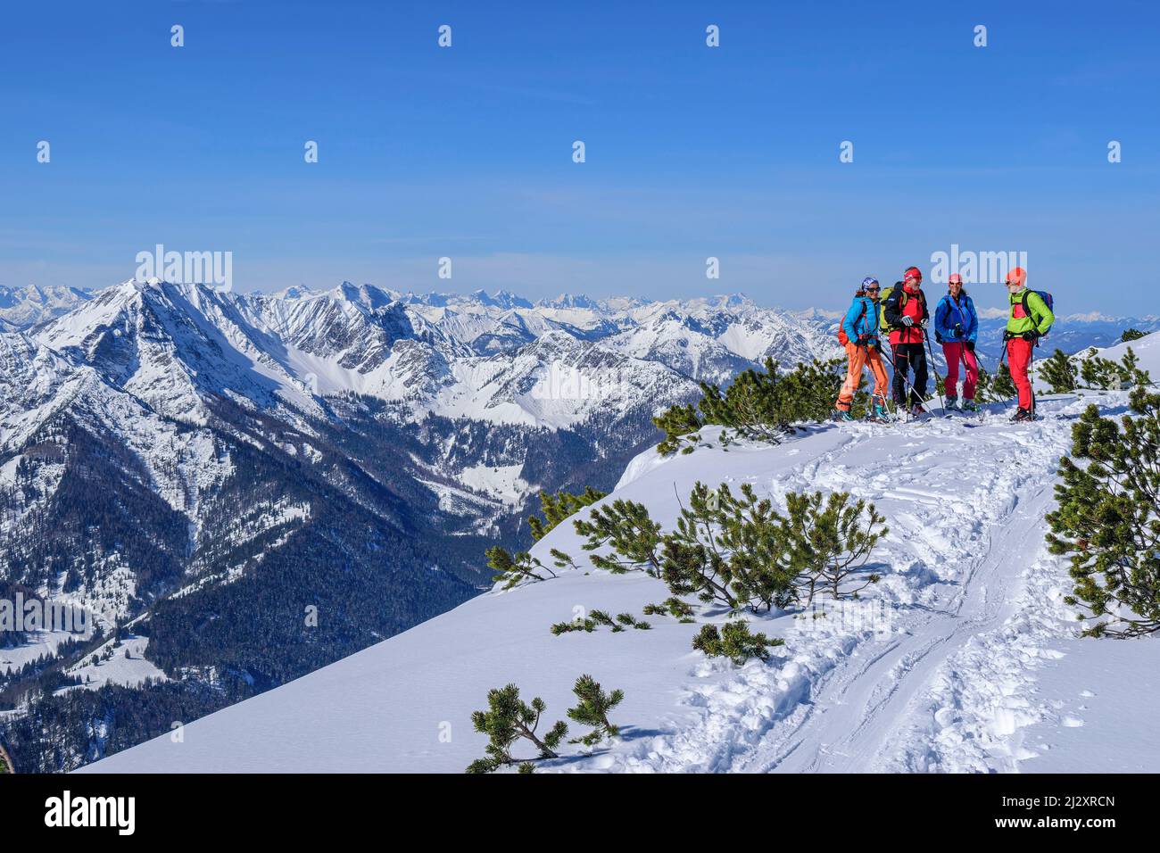 Four people on a ski tour stand on the back of the Großer Traithen and take a break, Großer Traithen, Mangfall Mountains, Bavarian Alps, Upper Bavaria, Bavaria, Germany Stock Photo