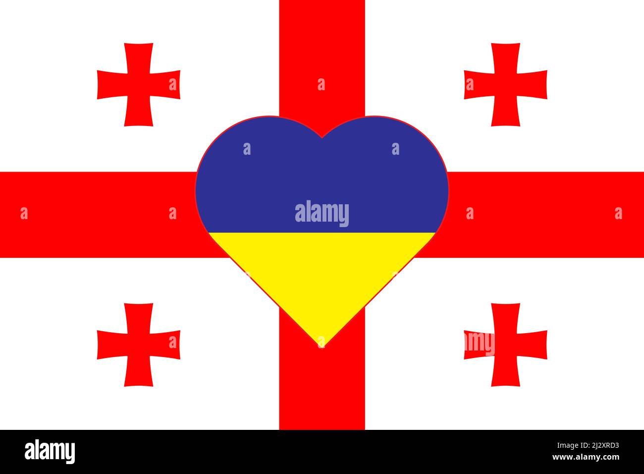 A heart painted in the colors of the flag of Ukraine on the flag of Georgia. Illustration of a blue and yellow heart on the national symbol. Stock Vector